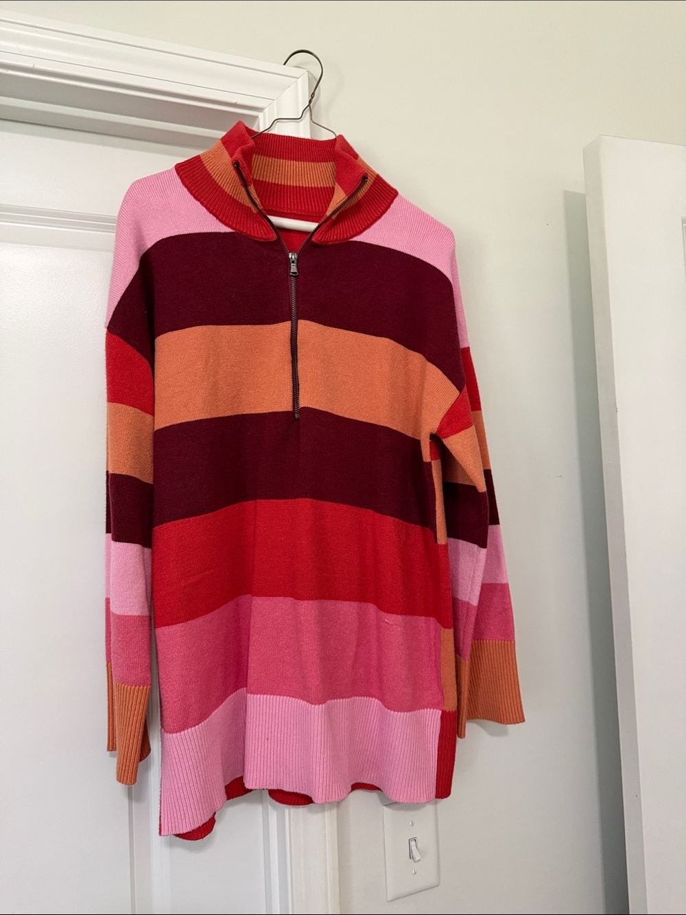 Amazon Striped Half-Zip Turtleneck Sweater - Pink, Red & Orange